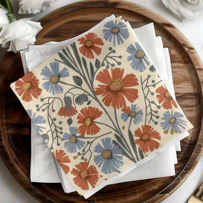 Blue Orange Floral Pattern Digital Artwork for Home Decor, Fall Floral