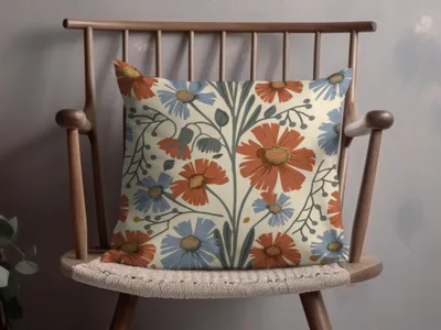 Blue Orange Floral Pattern Digital Artwork for Home Decor, Fall Floral