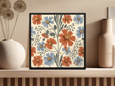 Blue Orange Floral Pattern Digital Artwork for Home Decor, Fall Floral