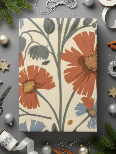 Blue Orange Floral Pattern Digital Artwork for Home Decor, Fall Floral