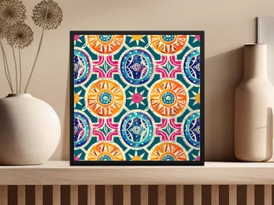 Blue Orange Geometric Indian Aztec Seamless Pattern Digital