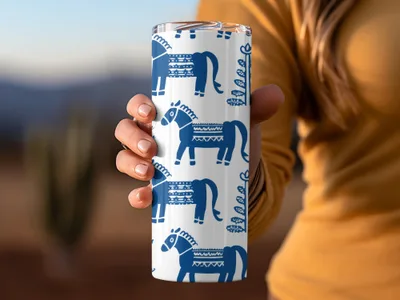 Blue Scandinavian Horses and Flowers Pattern Digital Winter Seamless Pattern