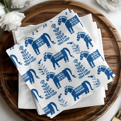 Blue Scandinavian Horses and Flowers Pattern Digital Winter Seamless Pattern