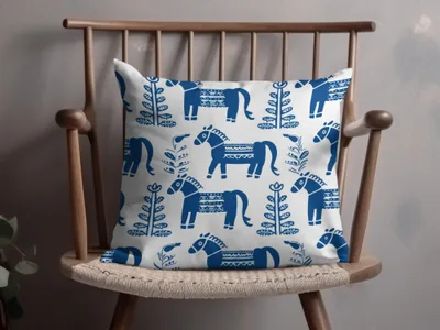 Blue Scandinavian Horses and Flowers Pattern Digital Winter Seamless Pattern
