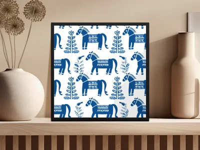 Blue Scandinavian Horses and Flowers Pattern Digital Winter Seamless Pattern
