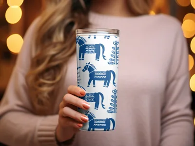 Blue Scandinavian Horses and Flowers Pattern Digital Winter Seamless Pattern