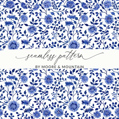 Blue Seamless Chinoiserie Floral Design Digital Glacier Aesthetic