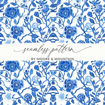 Blue Seamless Chinoiserie Floral Design for Commercial Use, Ice Blue Seamless Pattern