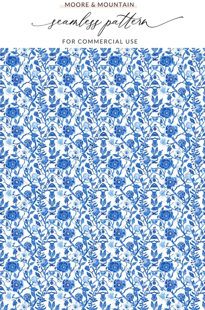 Blue Seamless Chinoiserie Floral Design for Commercial Use, Ice Blue Seamless Pattern
