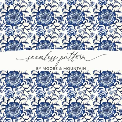 Blue Seamless Chinoiserie Floral Flourish Digital Art