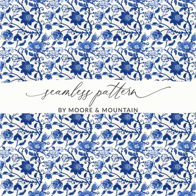 Blue Seamless Chinoiserie Floral Flower Motif Digital