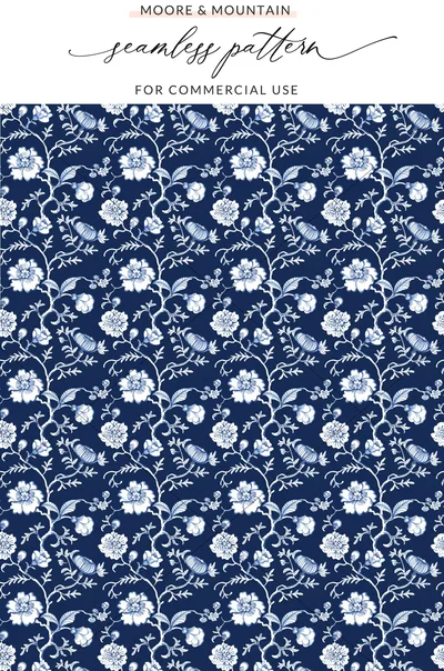 Blue Seamless Chinoiserie Floral Pattern Design