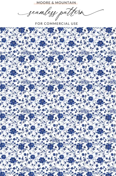 Blue Seamless Chinoiserie Floral Pattern Digital