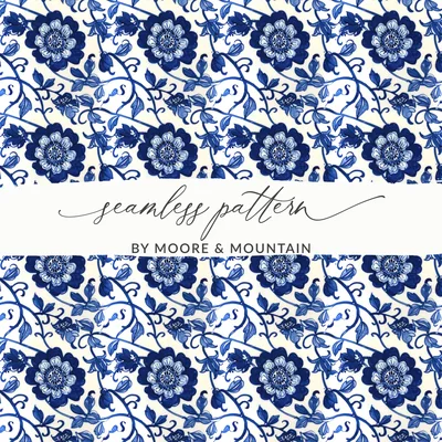 Blue Seamless Chinoiserie Floral Pattern Print Design