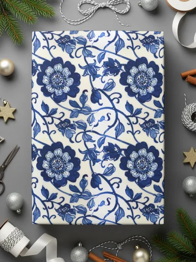 Blue Seamless Chinoiserie Floral Pattern Print Design