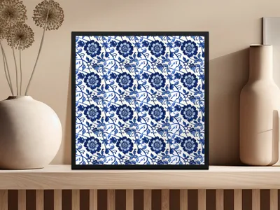 Blue Seamless Chinoiserie Floral Pattern Print Design
