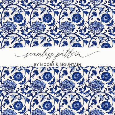 Blue Seamless Chinoiserie Floral Vines Vintage Flower