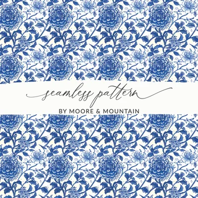 Blue Seamless Chinoiserie Flower and Vines Pattern Digital