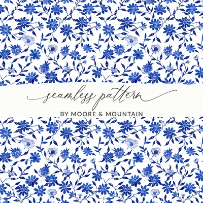 Blue Seamless Chinoiserie Flower and Vines Pattern Digital