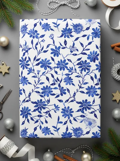 Blue Seamless Chinoiserie Flower and Vines Pattern Digital