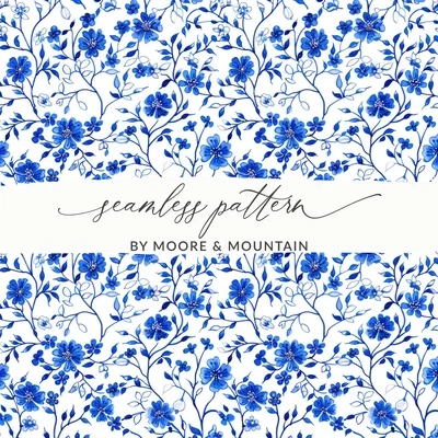 Blue Seamless Chinoiserie Flower and Vines Pattern Frosty Blue Seamless Pattern, Glacier Aesthetic