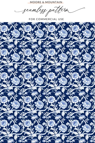 Blue Seamless Chinoiserie Flower Pattern Digital