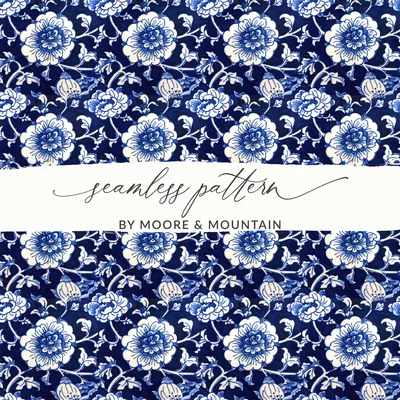 Blue Seamless Chinoiserie Inspired Floral Pattern