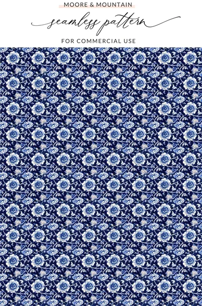 Blue Seamless Chinoiserie Inspired Floral Pattern