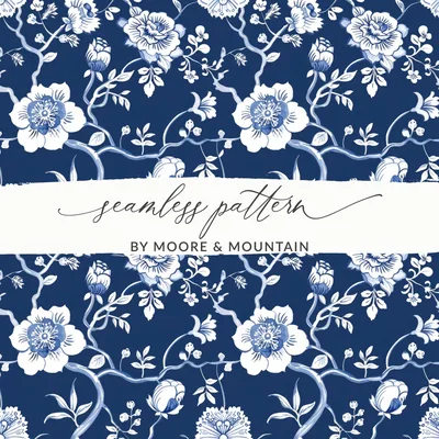 Blue Seamless Chinoiserie Pattern Floral Vines Design