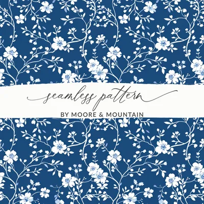 Blue Seamless Chinoiserie Pattern with Delicate Floral Vines, Ice Blue Background