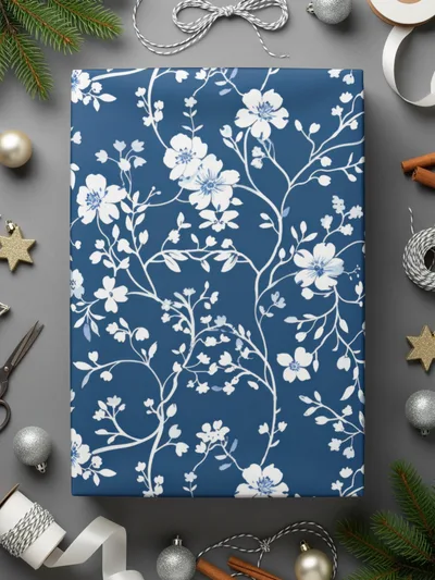 Blue Seamless Chinoiserie Pattern with Delicate Floral Vines, Ice Blue Background