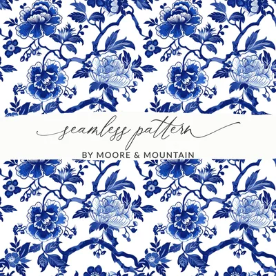 Blue Seamless Chinoiserie Pattern with Floral Motifs
