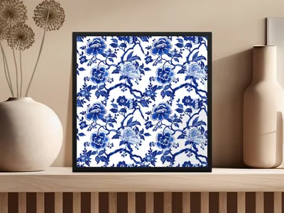 Blue Seamless Chinoiserie Pattern with Floral Motifs
