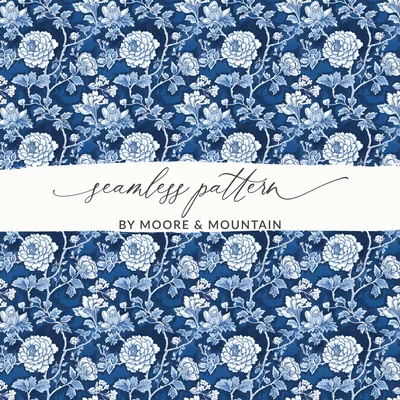 Blue Seamless Chinoiserie Pattern with Flowers and Vines