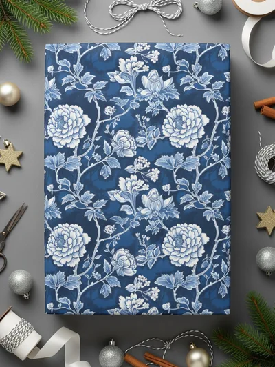 Blue Seamless Chinoiserie Pattern with Flowers and Vines