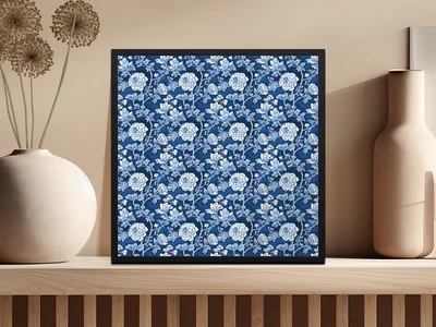 Blue Seamless Chinoiserie Pattern with Flowers and Vines