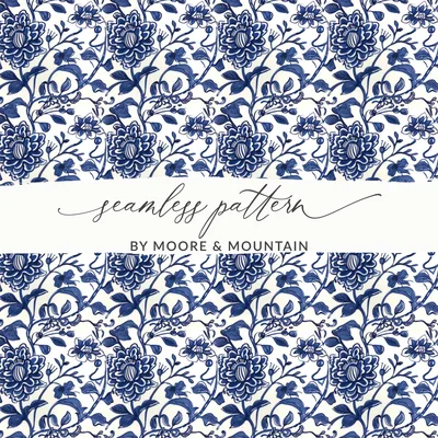 Blue Seamless Chinoiserie Vintage Flower and Vines Pattern