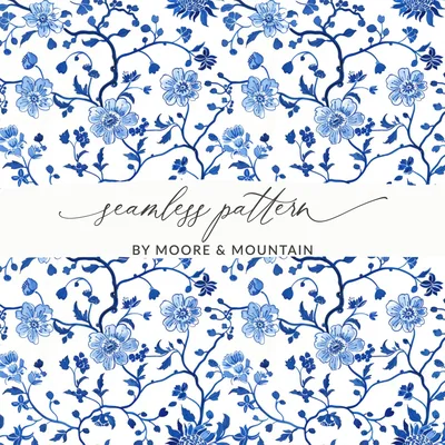 Blue Seamless Chinoiserie Vintage Flower and Vines Pattern
