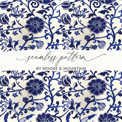 Blue Seamless Chinoiserie Vintage Flower and Vines Pattern