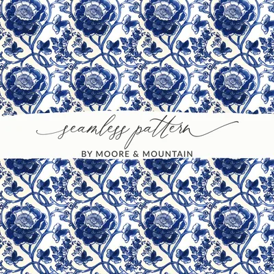 Blue Seamless Chinoiserie Vintage Flower and Vines Pattern