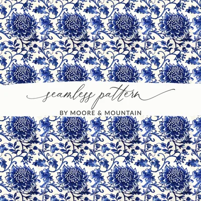 Blue Seamless Chinoiserie with Flowers and Vines Pattern