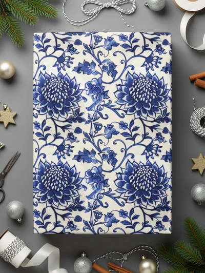 Blue Seamless Chinoiserie with Flowers and Vines Pattern
