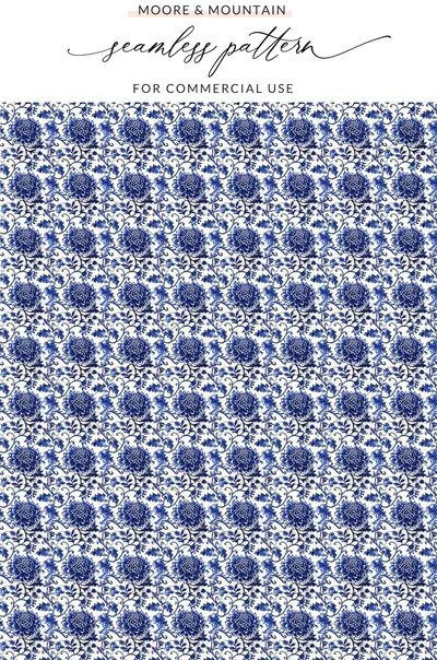 Blue Seamless Chinoiserie with Flowers and Vines Pattern