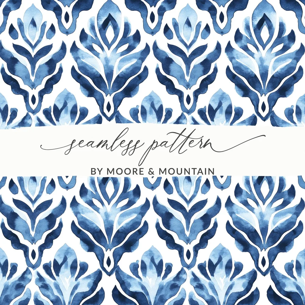 Blue Shibori Indigo Ink Seamless Watercolor Geometric Pattern Digital Paper, Abstract Indigo Digital Print, Watercolor Indigo Art - Moore and Mountain