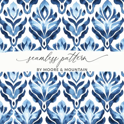 Blue Shibori Indigo Ink Seamless Watercolor Geometric Pattern, Damask Digital Paper, Fabric Design, Scrapbooking Paper, Wallpaper, Digital