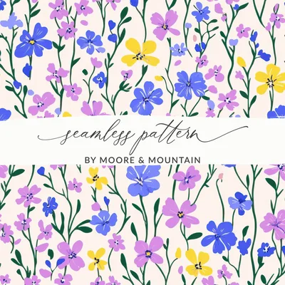 Blue, Yellow Ditsy Floral, Purple Boho Floral Seamless Pattern, Digital Paper, Floral Print, Surface Pattern Design, Printable Fabric