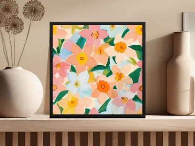 Blush and Yellow Spring Floral Pattern, Painted Acrylic Daffodil Flower Pattern, Digital Paper, Seamless Flower Field, Summery Florals