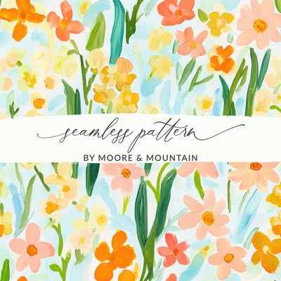 Blush and Yellow Spring Floral Pattern, Painted Acrylic Flower Field, Seamless Daisies Design, Pastel Watercolor Digital Paper