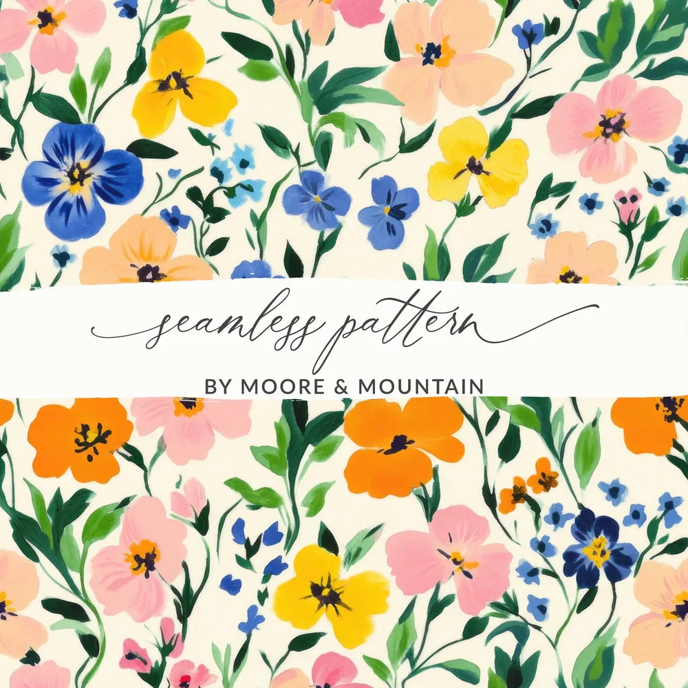 Blush and Yellow Spring Floral Pattern, Painted Gouache Spring Florals, Seamless Flower Field, Daisies and Pansies Digital Product