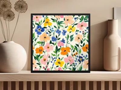 Blush and Yellow Spring Floral Pattern, Painted Gouache Spring Florals, Seamless Flower Field, Daisies and Pansies Digital Product